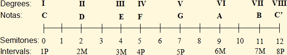 C major scale with indications of degrees, notes and intervals