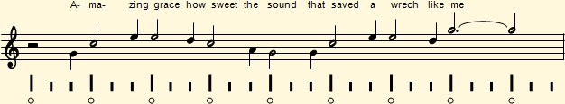 Amazing Grace's first musical phrase in C major with accented beats