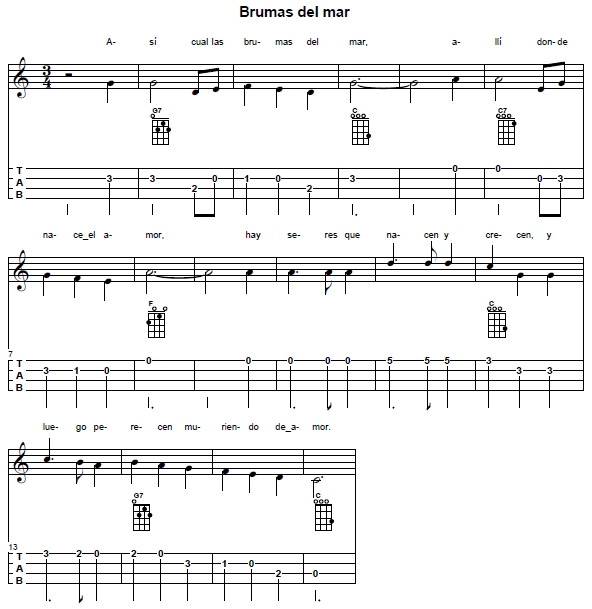 Partitura de  'Brumas del mar' en Do mayor con diagramas de acordes de ukelele