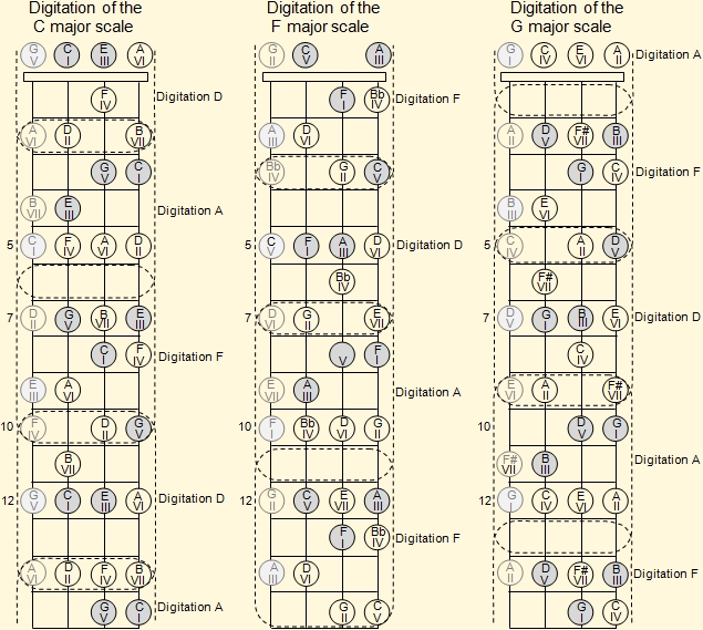 Fingering of D, G and A major scales of on the ukulele fretboard