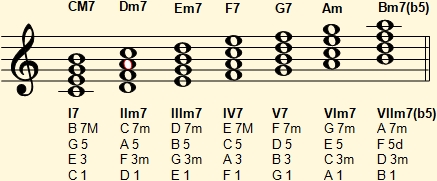 Harmonization of the C major scale with seventh chords