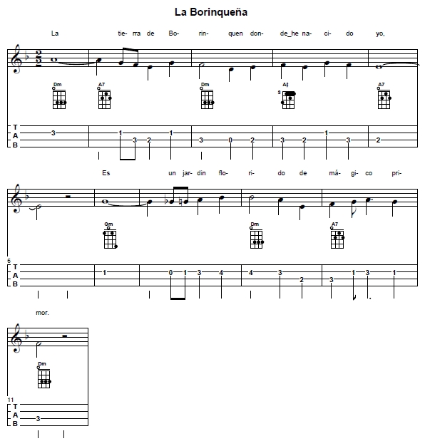 Partitura de  'Brumas del mar' en Do mayor con diagramas de acordes de cuatro venezolano