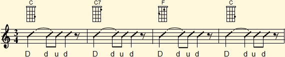 Ritmo de 3 por 4 con ligadura entre  tiempos 1 y 2,  y siencio al final del tiempo 3, en progresión de acordes Do-Do7-Fa-Do